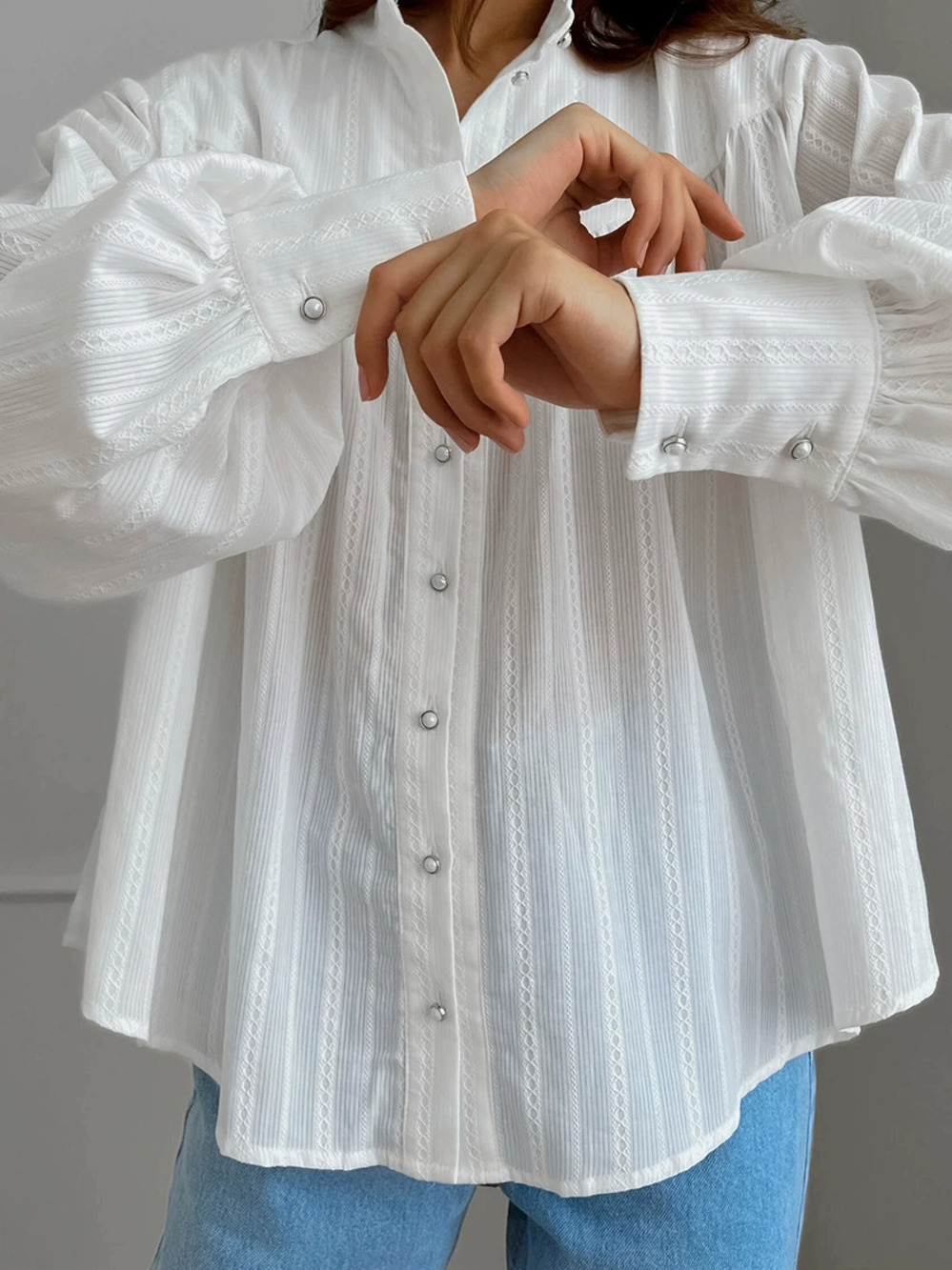 Zara Spring Summer Cotton Long Sleeve Puff Sleeve Jacquard Blouse